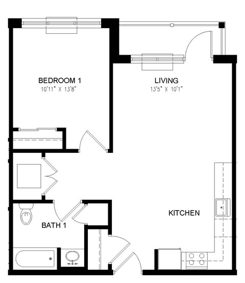 A black and white image of a floor plan for a small apartment.